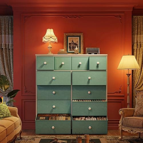 Romorgniz Dresser for Bedroom Tall Dresser with 12 Drawers Fabric Dressers & Chests of Drawers, Bedroom Dresser with Metal Frame, Wood Top, Entryway Living Room, Turquoise 11.81"D x 38.97"W x 40.15"H thumbnail 8