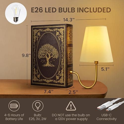 AELS Vintage Bookshelf Lamp with Bulb, Cordless Touch Dimmable Table Lamp with Linen Fabric Shade, Battery Operated, Modern Farmhouse, Book Sconce for Office Home Bedroom, Tree of Life Brown & Gold thumbnail 2