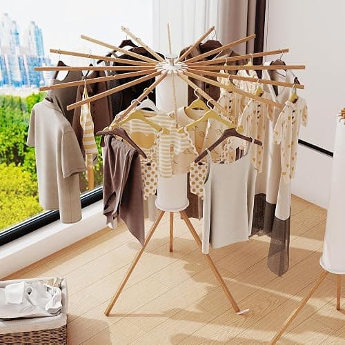 LIENAHU Clothes Drying Rack Tripod,Drying Rack Clothing,Laundry Drying Rack,Floor Standing,16 Wooden Poles,Collapsible Drying Racks for Laundry,Retractable,Foldable,Folding - Image 1