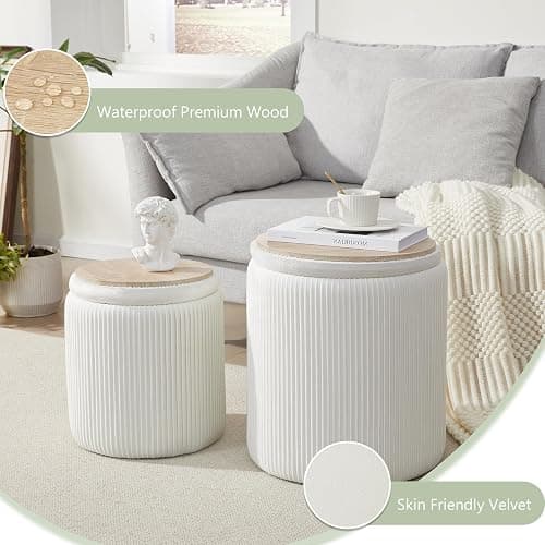 Royal Windsor Round Ottoman with Storage Set of 2,Vanity Stool with Storage for Bedroom, Ottoman Coffee Table,Small Velvet Foot Stool for Living Room, White thumbnail 6