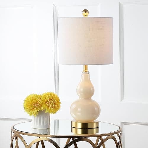 JONATHAN Y 20.5" Ivory Glass Table Lamp, Modern Gourd Bedside Nightstand Lamp for Bedroom, Living Room, White Linen Shade, LED Bulb Included (JYL1028B) thumbnail 2