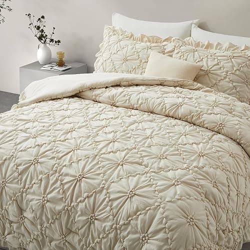 BEDAZZLED King Size Comforter Sets, Beige Bedding Comforter Set, 3 Pieces Pinch Pleat Bedding Sets with Comforter and Pillowcases Soft Farmhouse Shabby Chic Comforter for All Season thumbnail 7
