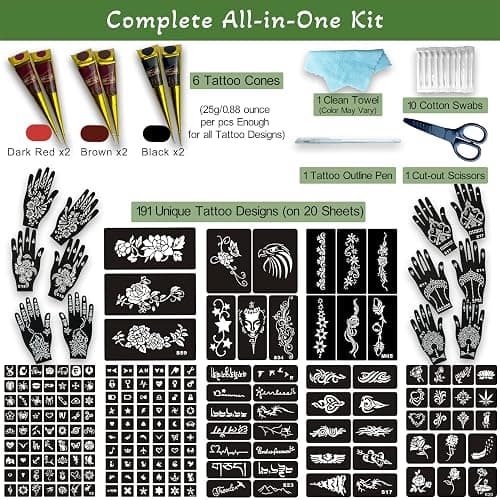 191 Pcs Temporary Tattoo Stencils Kit with 6 Tattoo Cones (2 Black, 2 Brown, 2 Dark Red), White Tattoo Outline Pen, Cotton Swabs & Towel | Perfect for Adults, Teens, Beginners, Family Fun & Parties thumbnail 2