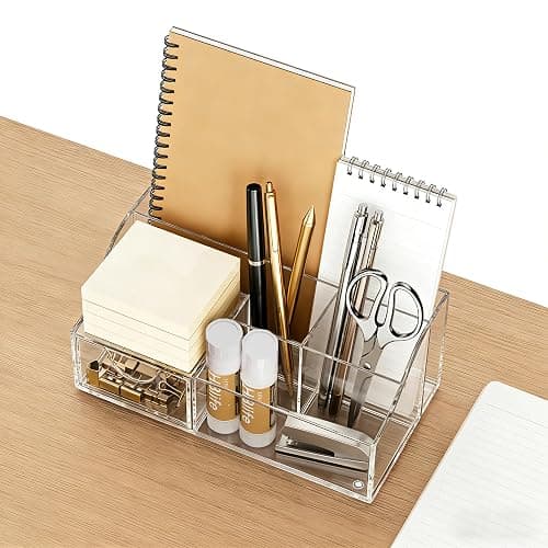 HBlife Acrylic Desk Organizer with Drawer, Pen & Pencil Holder, Multifunctional Desktop Caddy for Office Supply and Organization (Clear) thumbnail 2