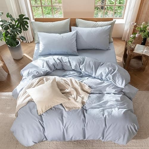 MooMee Bedding Duvet Cover Set 100% Washed Cotton Linen Like Textured Breathable Durable Soft Comfy (Heathered Cornflower Blue, Twin 68"x90") thumbnail 5