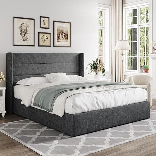 Allewie Queen Size Lift Up Storage Bed, Modern Wingback Headboard, Hydraulic Support, No Box Spring Needed, Dark Grey thumbnail 8
