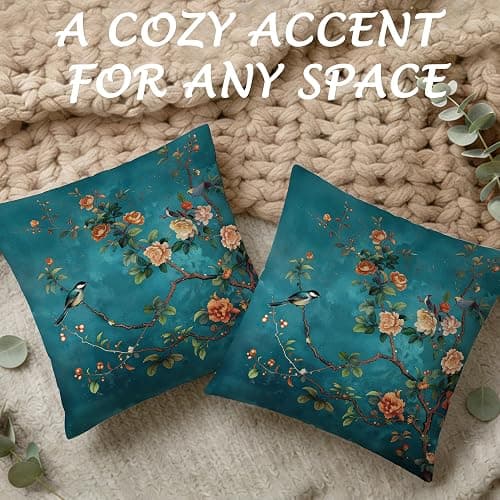 WDSFHYJK Teal Chinoiserie Floral Bird Pillow Covers 18x18 Set of 2, Cottagecore Room Decor, Rustic Farmhouse Flower Bird Decorative Throw Pillow Covers Pillowcases for Living Room Home Bedroom thumbnail 4