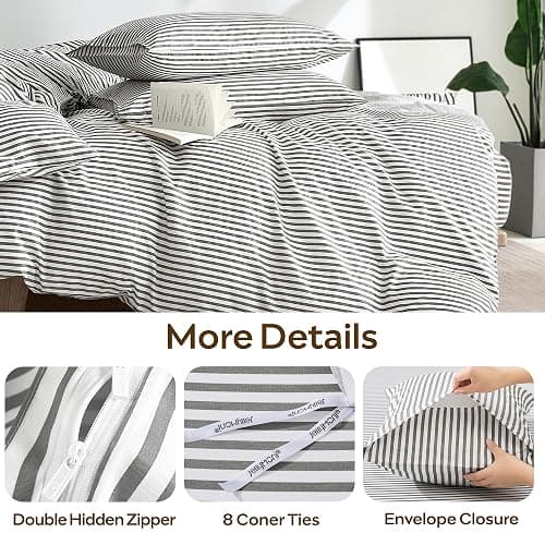 JELLYMONI 100% Cotton Classic Striped Queen Duvet Cover Set, Grey | Breathable Softness, Oeko-Tex Certified, Classic Stripes, 8 Corner Ties & Double Hidden Zipper thumbnail 5