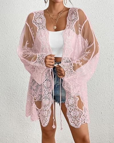 Bsubseach Women's Lace Kimono Lightweight Cardigan Mesh Open Front Back Cut Out Bathing Suit Cover Up Beachwear Swimsuit thumbnail 5