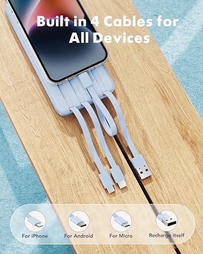 Charmast Power Bank with Built in 4 Cables, 10000mAh Portable Charger | Charges 6 devices at once, Dual voltage,Digital display,Smart protect,Flight-approved, Travel pouch + 36-month support thumbnail 7