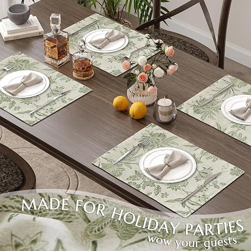JINCHAN Linen Floral Fall Placemats Set of 4 Cloth Table Mats Rustic Cottagecore Jacobean Outdoor Seasonal for Kitchen Dining Table Decor Washable Tablemats 13x19 Inch Green thumbnail 7
