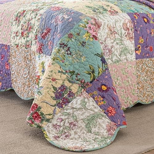 YAYIDAY Quilts Queen Size Patchwork Bedspread Set | 100% Cotton Reversible Breathable Floral Quilted Quilt with Pillow Shams Fit All Season thumbnail 3