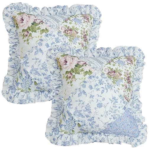 Brilliant Sunshine Blue Rose Patchwork Ruffle Pillowshams, Quilted Decorative Pillow Covers Set, Square Throw Cushion Cases for Couch, Reclining Chair, Car, Bed, 18x18, Pack of 2, Blue Rose thumbnail 3