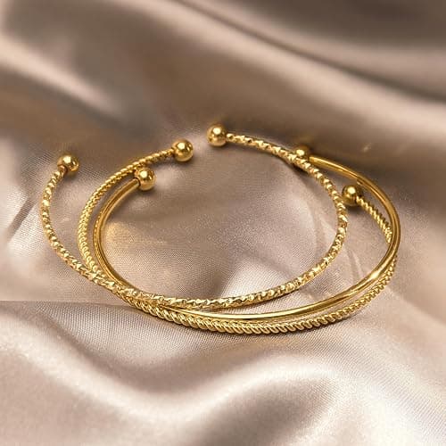 GoldGifts Stocking Stuffers for Teen Girls Dainty Thin Gold Cuff Bangle Bracelet for Women Trendy,Waterproof 14K Gold Pated Bracelet Stack Small Cute Rope, Geometric & Smooth Bracelet Bangles for Women, Stackable Minimalist Simple Gold Jewelry Bracelet Set thumbnail 5
