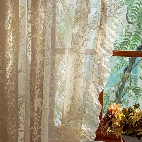 TUDECO Beige Lace Curtains for Bedroom - Floral Sheer Boho Crochet Curtains 63 Inch Length, Natural Ruffle Short Rod Pocket Light Filtering Window Treatment Grandma Core Decor, 59 x 63 Inch thumbnail 3