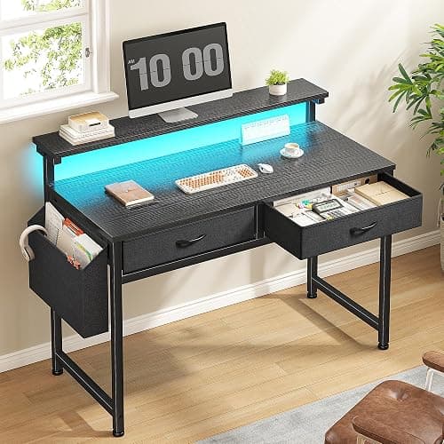 DurayLoly 31.5Inch Office Computer Desk with LED Lights & 2 Fabric Drawers, Gaming Desk with Side Pocket & Ergonomic Monitor Stand, Small Space Study Writing Table with Anti-Tip Design,Black - Image 1