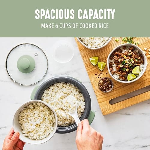 GreenLife Electric Rice Cooker, 3-Cups Uncooked/6-Cups Cooked, Removable PFAS-Free Nonstick Pot, One-Switch Design, Auto Keep Warm, Small Space Saving, Rice Paddle, Soup, Grains, Oatmeal, 1.5 QT, Green thumbnail 5