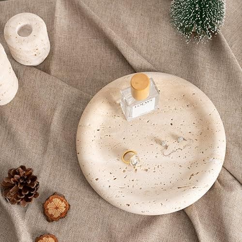 Koville Italian Round Travertine Tray, 8" Vanity Decorative Marble Tray for Countertop, Catchall for Perfume, Candles, Jewelry Dish thumbnail 5