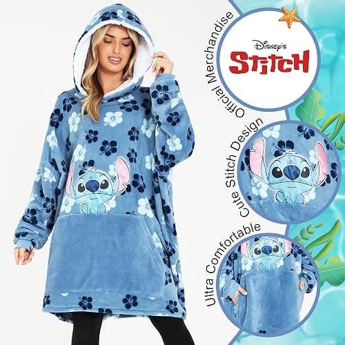 Disney Stitch Blanket Hoodie for Women Teens, Wearable Oversized Fleece Hooded Poncho with Pocket, Cozy Gifts for Women thumbnail 3