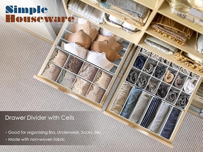 Simple Houseware 4-Pack Drawer Organizer Set - Closet Dividers for Underwear, Socks, Bras, Scarves, Ties - Foldable Non-Woven Storage Boxes, Gray thumbnail 7
