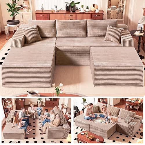 No Assembly Cloud Modular Sectional Sofa，108" U-Shape Corner Couch with Ottoman - Plush Corduroy, Deep Seating, Right Chaise (Camel) | Modern Minimalist Living Room Furniture - Image 1