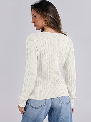 ANRABESS Womens Long Sleeve Cable Knit Sweater 2025 Fall Fashion V Neck Fitted Pullover Top Business Casual Work Fall Outfits thumbnail 6