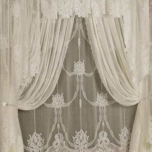 Romantic Garland Lace Window Treatments, Ivory, Set of 5 | Hand-Cut Floral & Leaf Designs, Fine-Gauge Polyester Jacquard Lace, Insert Valance, 63L Swag Pr, 1-63L Panel, 2-84L Panels thumbnail 3