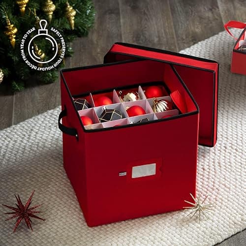 Zober Christmas Ornament Storage Box - Stores 64 Ornaments - Non-Woven, Tear- Proof Christmas Ornament Storage Containers - 3 Inch Cube Compartments - Red thumbnail 2