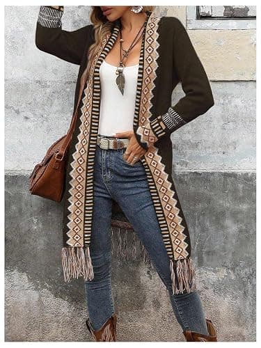MakeMeChic Women's Fringe Long Cardigan Sweaters Boho Western Sweater | Open Front, Winter Fall Sweater, Cowgirl, Western Outfits, Winter Fall Outfits thumbnail 5