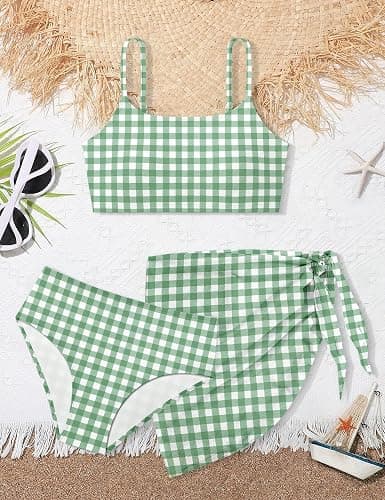 Boiltcat Girls Swimsuit High Waisted Contrast Striped 3 Piece Bathing Suit Bikini with Cover Up 9-16 Years thumbnail 5