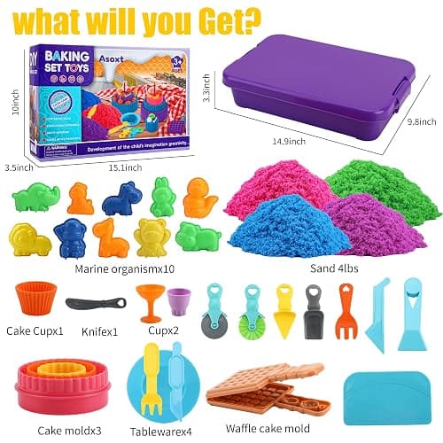 Asoxt Sensory Bin for Boy Girl Kid Toy - 43pcs Play Sand Art Kit with Sandbox, 4lb Color Sand, 17 Molds, Sensory Toy Birthday Gift for Girl Toddler Ages 3-8 thumbnail 4