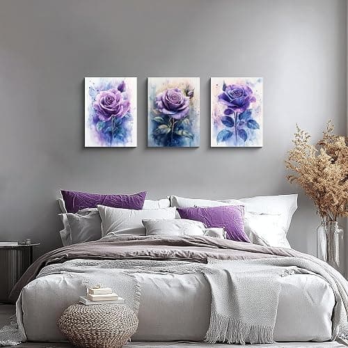 NAN Wind 3PCS Purple Rose Watercolor Canvas Wall Art Floral Botanical Violet Flower Bloom Romantic Modern Home Decor for Bedroom Living Room Bathroom or Office Artistic Garden Style Wall Decoration thumbnail 3