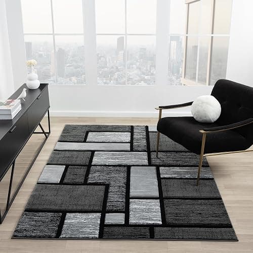 HADBA Modern 5x7 Grey-Black Square Geometric Living Room Rug - Area Rugs for Living Room Dining & Bedroom - Hand Carved Runner Carpet - Durable Polyester - Non-Fade Stain-Resistant - Turkish Made - Image 1