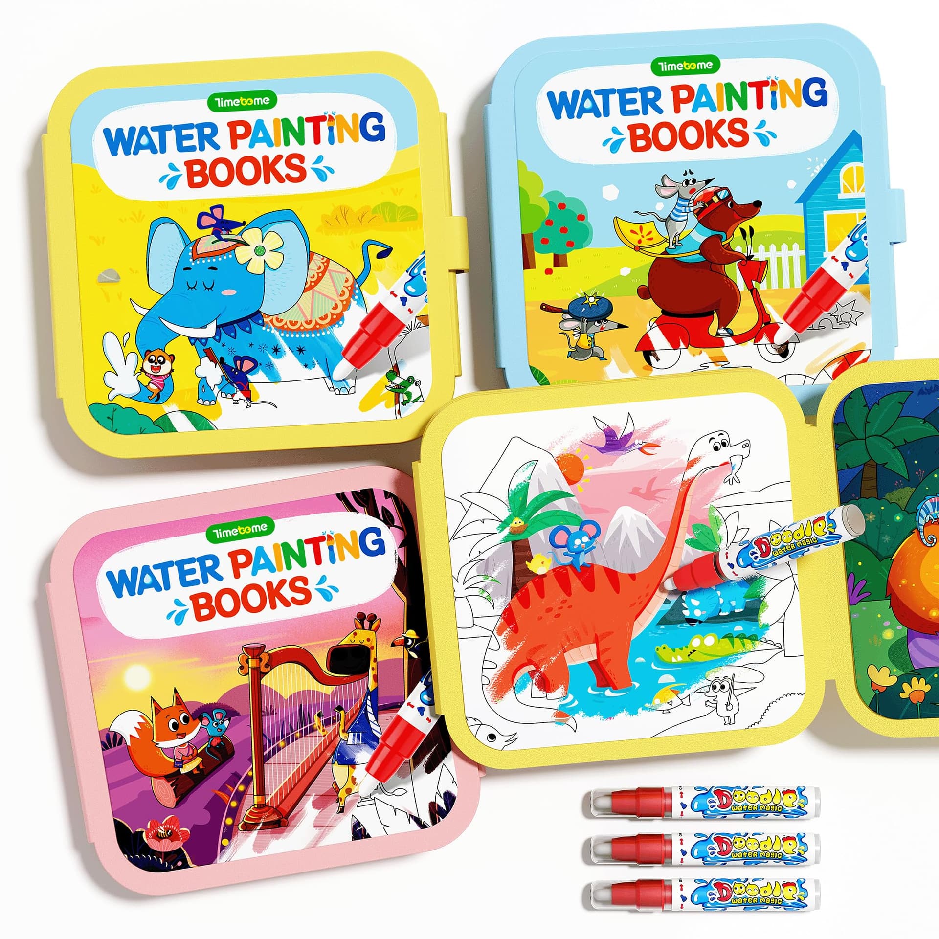 Timetome Reusable Water Painting Books for Kids – 3-Pack Magic Water Reveal Coloring Books with Water Pens (Fairy Tale, Animal & Dinosaur) No-Mess Coloring & Reusable Fun Travel Activity for Ages 3–6 - Image 1