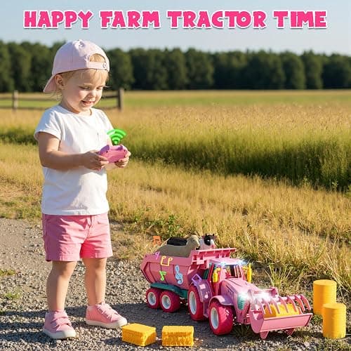 Funwee RC Farm Tractor Toy Playset with Loader, Trailer & Animals | 2.4GHz Outdoor Remote Vehicle Playset w/ Light & Music for Age 3-8, Fun RC Car Truck Gifts for Boy & Girl (Pink) thumbnail 2