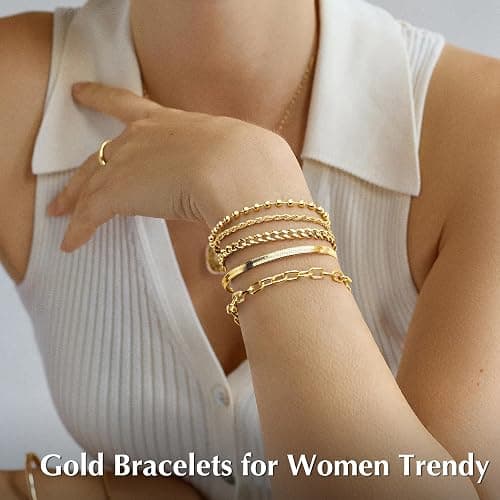 Gold Bracelets for Women Non Tainish,Dainty Bracelets Stack for Women Trendy, Gold Plated Cuff Stackable Bracelets With Beaded Cuban Paperclip Snake Rope Bangle Hand Chain Jewelry Gifts for Women thumbnail 3