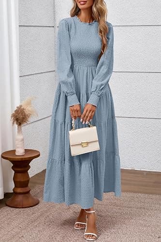 PRETTYGARDEN Women's Long Sleeve Maxi Dresses 2025 Fall Casual Smocked Trim Neck Swiss Dot Tiered Flowy Wedding Guest Dress thumbnail 6