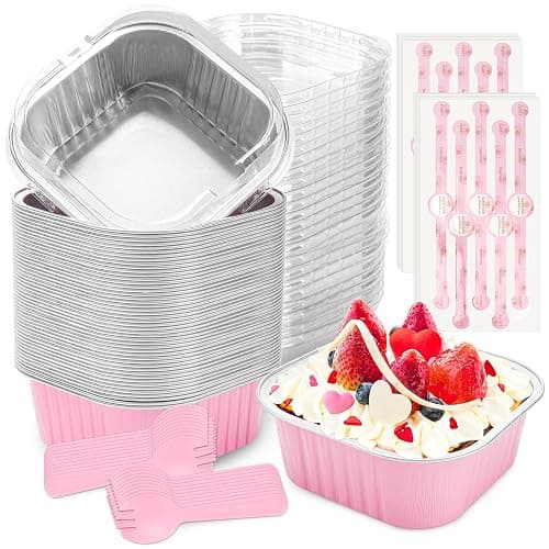 NPLUX 60 Pack Mini Cake Pans with Lids Mini Aluminum Pans, Disposable Loaf Pans Cupcake Liners with Lids for Pudding, Souffle, Party, Wedding, Mothers Day Party Favors(Pink, 10 oz) - Image 1