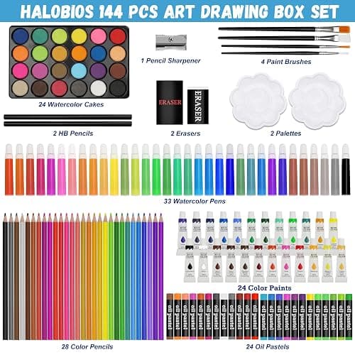 Halobios Professional Art Set, 144 Deluxe Aluminium Case Painting Set with Watercolour Pens Drawing Pencils Paints Oil Pastels, Premium Colouring Drawing Art Supplies Case Gift for Artists Adult thumbnail 4