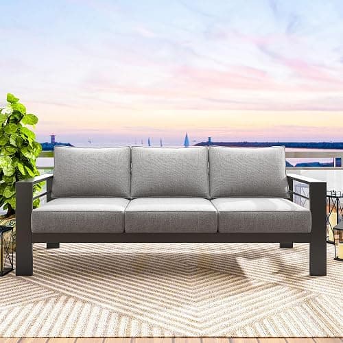 Solaste Aluminum Outdoor Couch, 3-Seat Metal Outdoor Sofa with Water-Resistant Cushion, Weather-Resistant Modern Patio Sofa, Black Frame Grey Cushion thumbnail 7