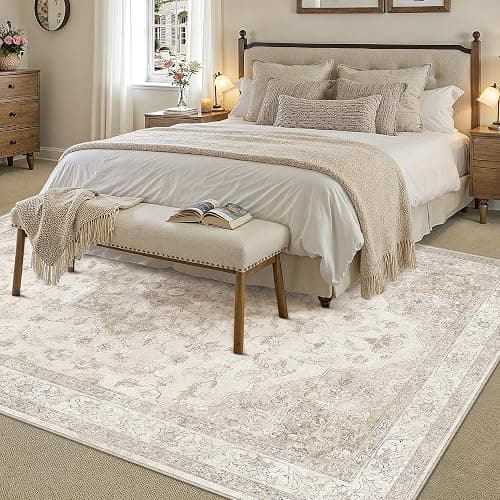 PureCozy Beige 5x7 Washable Area Rug Vintage Oriental Medallion Carpet | Soft Low Pile, Non Slip, Stain Resistant, Large, Neutral Retro Decor for Living Room, Bedroom, Dining Room, Kids Room thumbnail 6