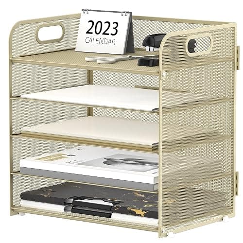 Supeasy 5 Trays Paper Organizer Letter Tray with Handle-Mesh Desk File Organizer,Pink Paper Sorter Desk Organizer for Office, Home or School (Gold Yellow) - Image 1