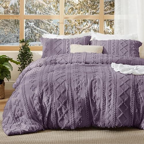 Bedsure Tufted Boho Comforter Set Queen Size - Grayish Purple Boho Bed Set, GentleSoft™ 3 Pieces Farmhouse Shabby Chic Embroidery Bedding, Gifts for Woman, Jacquard Queen Comforter for All Seasons - Image 1