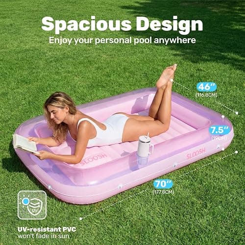 SLOOSH Inflatable Tanning Pool Lounger Float, 70" x 46" Pool Floats Adult with Pillow, 4 in 1 Suntan Tub Raft Floatie,Sunbathing Bed Lounge for Water Blow Up Ball Pit Party Gifts, L-Purple Pink thumbnail 2