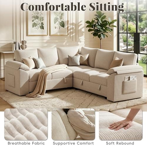 85 Inch Modular Sectional Sofa with Pull Out Couch Bed, L Shaped 5 Seat Sectional Couch with Storage, Corduroy Sectional Couches for Living Room, Cloud Modular Couch, Removable Sofa Cover, Beige thumbnail 5