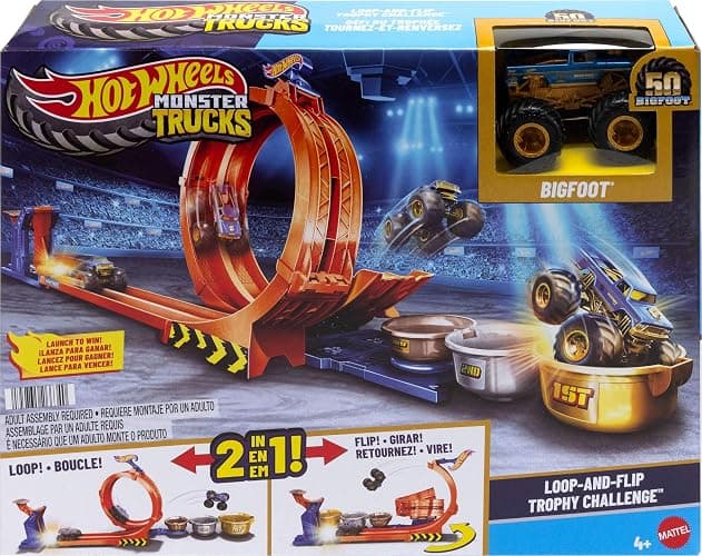 Hot Wheels Monster Trucks Toy Truck & Track Set, Loop-and-Flip Trophy Challenge Playset & 1:64 Scale 50th Anniversary Die-Cast Bigfoot, 2 Ways to Play thumbnail 7