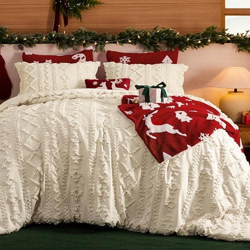 Bedsure Tufted Boho Comforter Set Full Size - Beige Boho Bed Set, GentleSoft™ 3 Pieces Farmhouse Shabby Chic Embroidery Bedding, Gifts for Woman, Soft Jacquard Full Comforter for All Seasons - Image 1