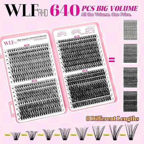 WLF Lash Clusters, 640 Pcs 4 Style 30D+40D+50D+60D Natural Cluster Lashes Individual Lashes D Curl Eyelashes Cluster Extensions DIY Wispy Fluffy Clusters Eyelash Extensions False Eyelashes(Mix9-16 mm) thumbnail 3