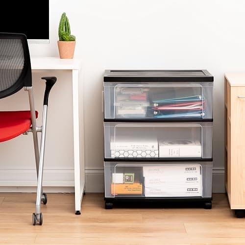 IRIS USA 3 Drawer Wide Storage Drawer Cart with Caster Wheels, Plastic Rolling Dresser for Home Closet Bedroom Bathroom Office Laundry Kitchen Craft Room Nursery and School Dorm, Black/Clear - Black - 3 Drawer thumbnail 2