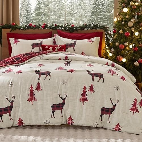 Bedsure Christmas Comforter Set Queen - Christmas Bed Set with Reindeer, Soft Bedding for Holiday, 3 Pieces, 1 Reversible Buffalo Check Printed Comforter and 2 Pillow Shams - Image 1
